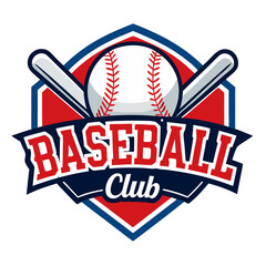 Baseball Club Logo: A classic emblem of baseball featuring a red and blue shield with a white baseball, two crossed bats and the text "Baseball Club" in a bold, vintage-inspired font.