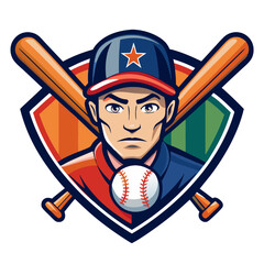Baseball Player Mascot: A determined baseball player with crossed bats and a baseball in front of him. This mascot is perfect for a team logo or branding.