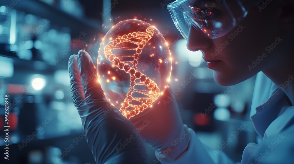 Poster a scientist holding a glowing dna structure in a laboratory setting