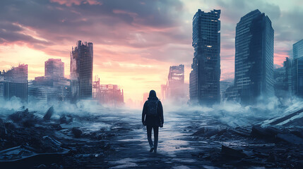 Fototapeta premium Solitary figure traversing desolate,crumbling cityscape in dystopian wasteland. Futuristic Wasteland. Illustration