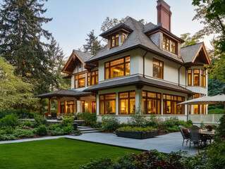 A beautiful white house with an expansive backyard, a perfectly manicured lawn, and a large patio area