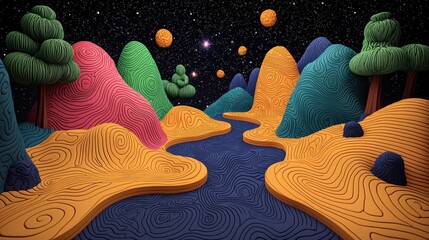 Abstract Night Landscape With Colorful Hills and River Under Starry Sky