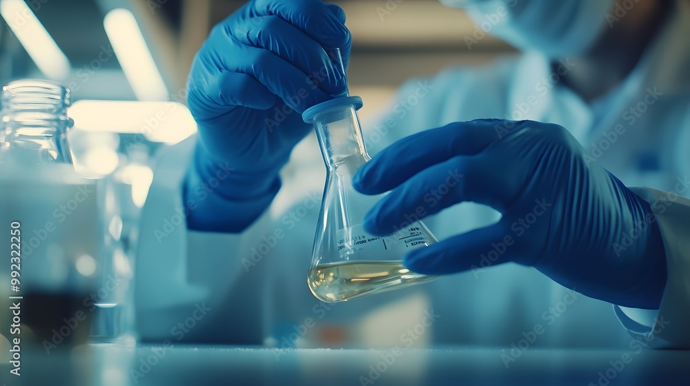 Aufkleber a close-up of a scientist holding a flask of yellow liquid in a laboratory setting