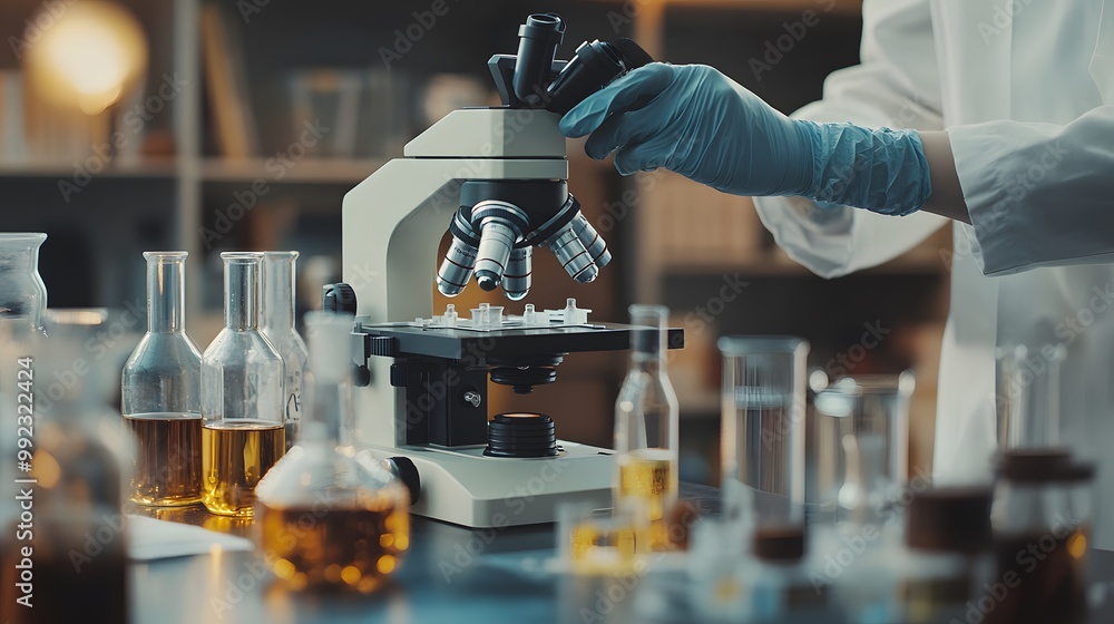 Poster a scientist in a lab adjusting a microscope with multiple lenses