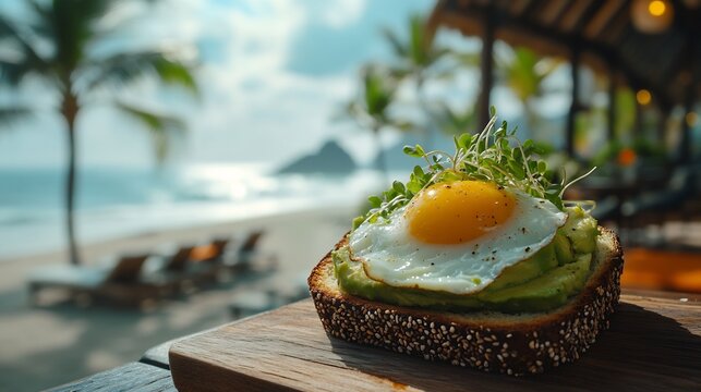 Avocado toast topped microgreens poached eggs served chic beachfront caf sun loungers tropical plants softly visible background promoting fresh nutritious breakfast Scientific name Persea americana