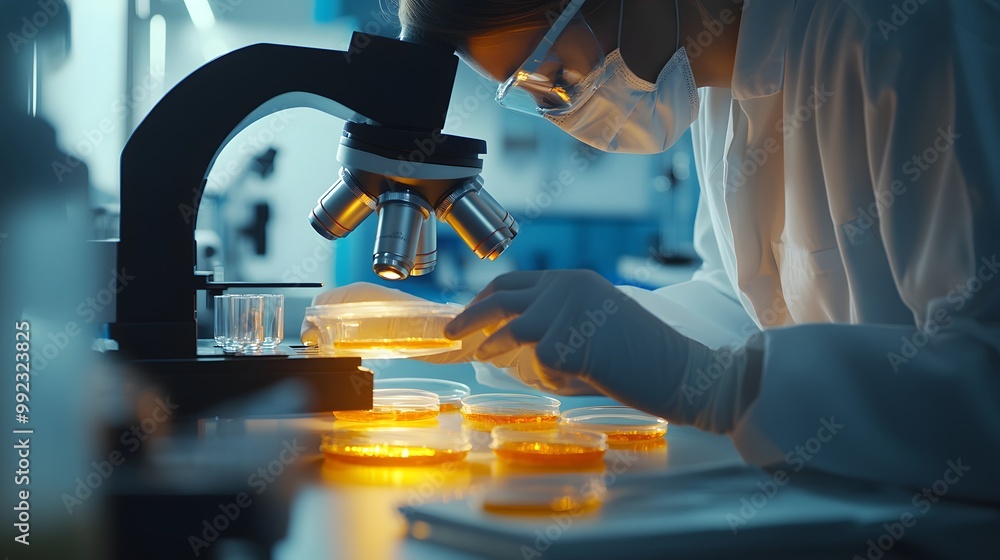 Poster scientist examining samples with microscope in a lab
