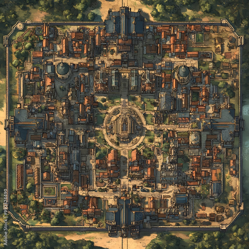 Poster top down view of a medieval fantasy city with surrounding forest, perfect for game development and t
