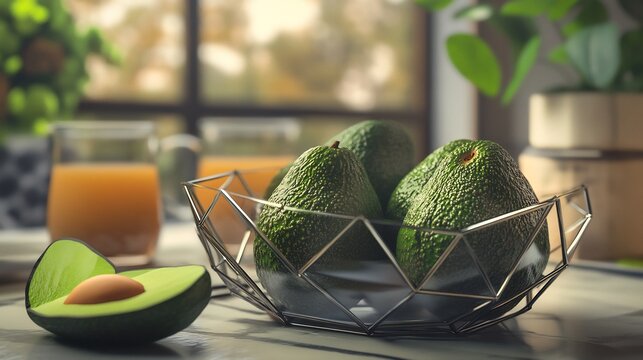Avocados resting geometric glass bowl chic breakfast table with herbal teas and chia pudding softly glowing behind promoting a balanced and nutritious start to the day Scientific name Persea americana