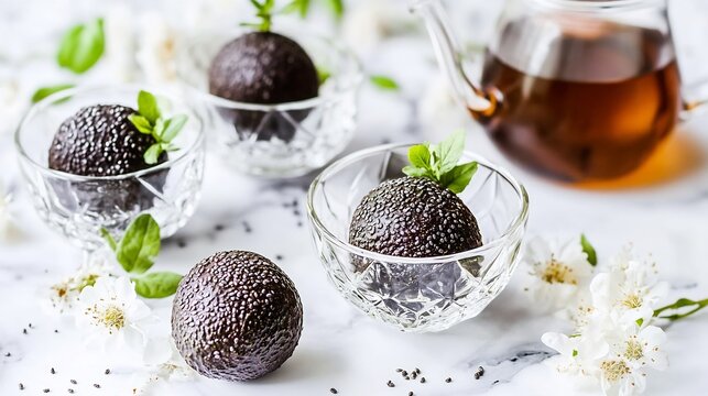 Avocados resting geometric glass bowl chic breakfast table with herbal teas and chia pudding softly glowing behind promoting a balanced and nutritious start to the day Scientific name Persea americana