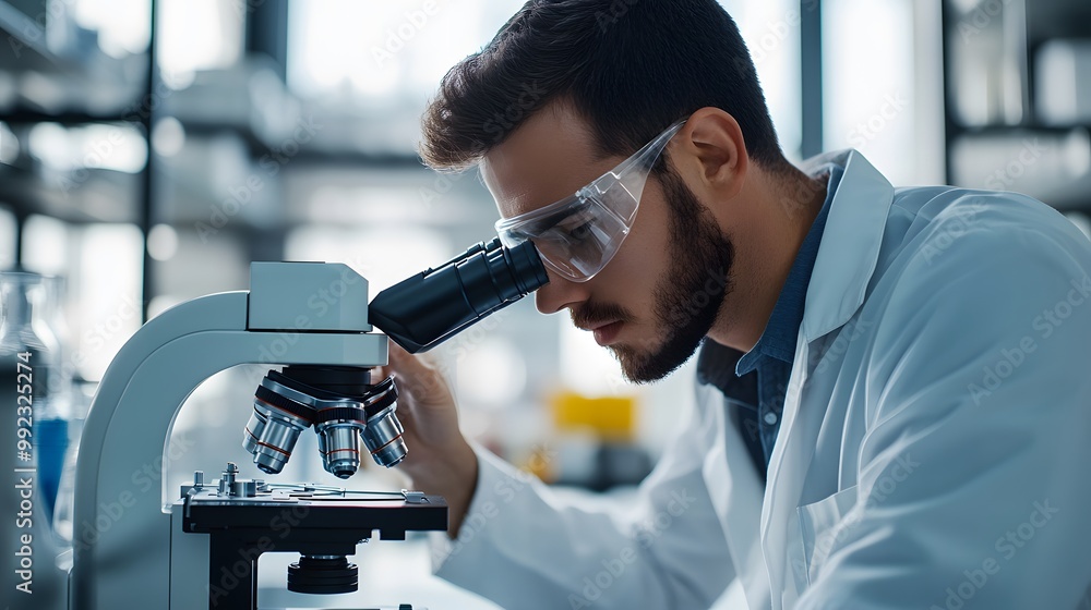 Poster a scientist using a microscope in a laboratory