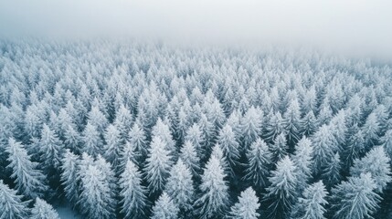 Aerial View of a Snow-Covered Evergreen Forest Under a Foggy Sky