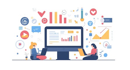 Two Women Analyzing Data on a Large Monitor with Surrounding Icons