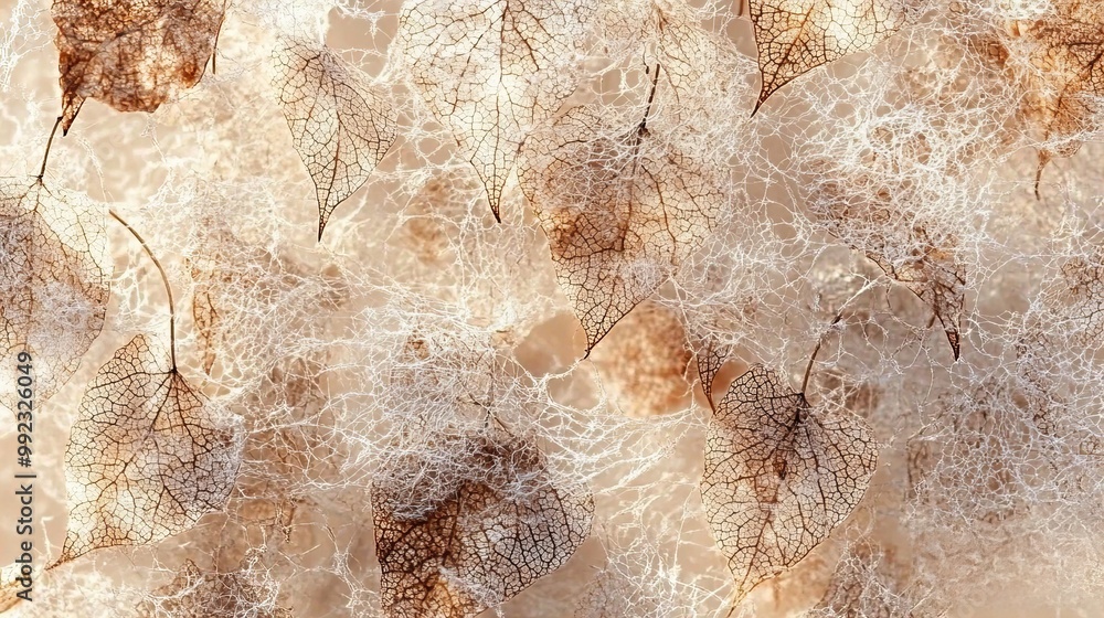 Poster delicate brown leaves with intricate veins create a beautiful abstract pattern on a creamy backgroun