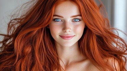 Fototapeta premium Beautiful Redhead Woman with Long Hair and Blue Eyes Smiling