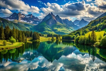 Fototapeta premium Breathtaking Natural Landscapes Showcasing Lush Greenery, Majestic Mountains, and Serene Waterscapes