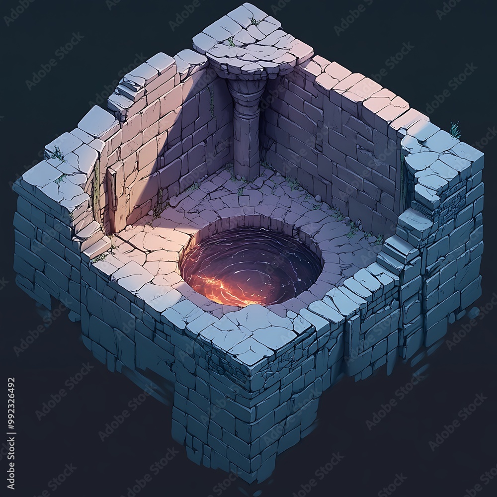 Poster isometric view of a stone room with a magma pit and pillar