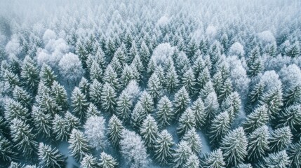Obraz premium Aerial View of a Snow-Covered Evergreen Forest