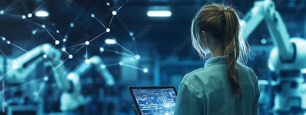 Poster female engineer working with robotics and technology in modern factory