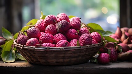 Bael fruits arranged traditional woven basket placed stone step rural market local herbs spices softly blurred behind them highlighting the rich heritage of the fruit Scientific name Aegle marmelos