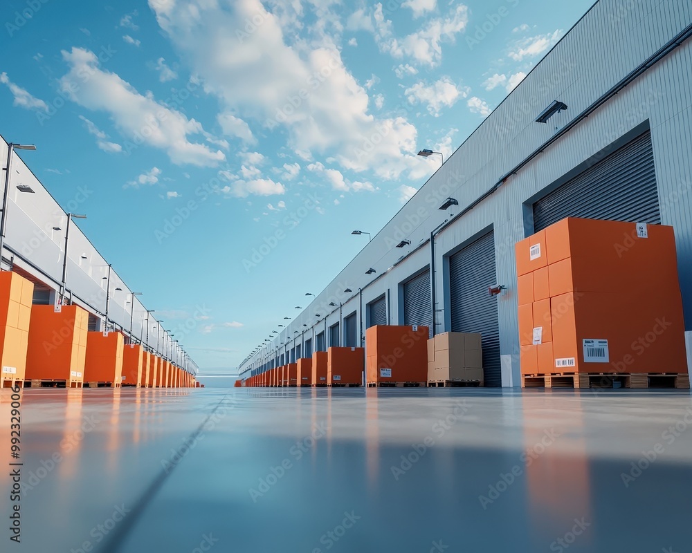 Poster low-angle shot of a warehouse with large loading docks
