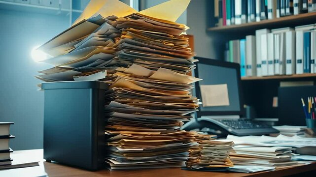 A large stack of paper sits on a desk in an office, ready for shredding