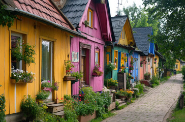 Colorful wooden houses along the street in Miastko, Poland