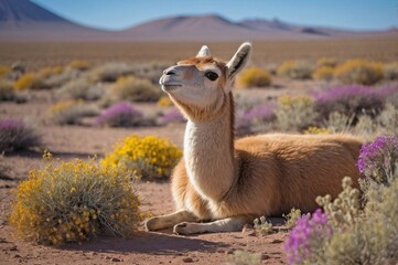Guanaco Resting Amid Blooming Desert Flora in the Atacama