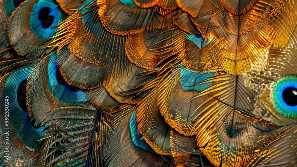 Poster a close-up view of a peacock's feathers, showcasing the intricate patterns and vibrant colors