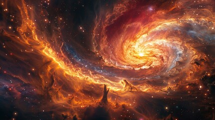Fiery Cosmic Dance Nebula Swirls, Stars Sparkle Celestial Art, Universe Background