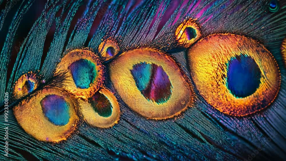 Poster a close-up of a peacock feather's intricate pattern, showcasing the vibrant colors and unique eye sh