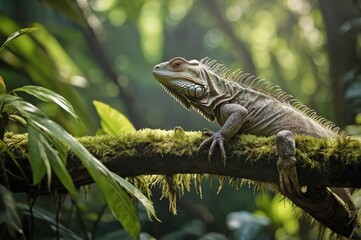 Iguana Basking on a Sunlit Tree Branch in the Rainforest Canopy