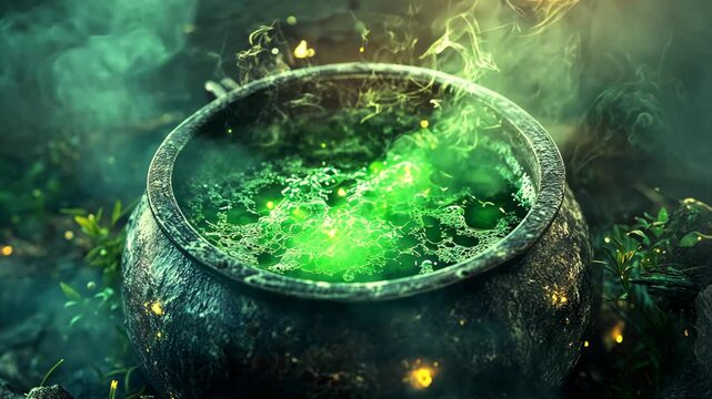 A bubbling green potion brews in a cauldron surrounded by smoke and glowing embers