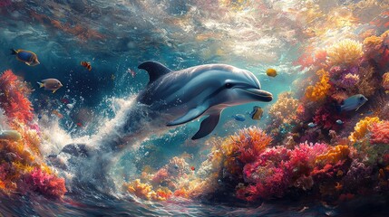 Obraz premium Dolphin Swimming Through Vibrant Coral Reef