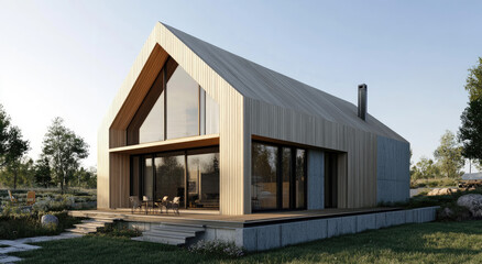 Fototapeta premium Modern house with wooden cladding and large windows, rendered concrete facade with a gable roof.