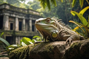 Fototapeta premium Iguana Lying on a Ruin in a Tropical Jungle Clearing