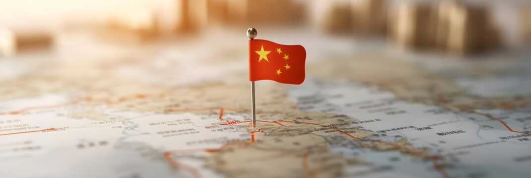 Chinese national flag pointer on world map. National Day of the Republic of China. Independence day. Chinese ecommerce, logistic, international trade. Trade war and China economic. Travel and tourism  - Powered by Adobe