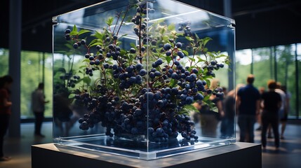 Obraz premium Bilberries suspended clear glass cube displayed part of artistic wellness exhibit visitor learning about nutritional benefit of fruit balanced healthconscious lifestyle Scientific name Vaccinium