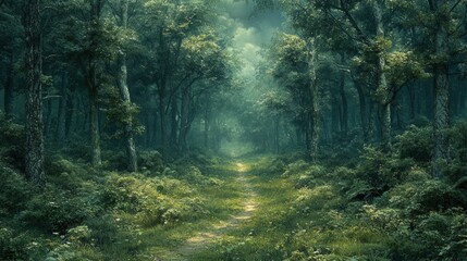 Forest Path with Mist and Sunlight