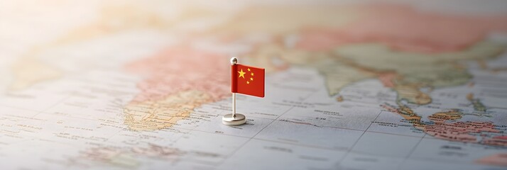 Chinese national flag pointe on world map. National Day of the Republic of China. Independence day. Chinese ecommerce, logistic, international trade. Trade war and China economic. Travel and tourism 