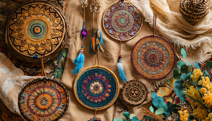A collection of mandalas, dreamcatchers, and earthy tones, with intricate patterns and a warm, laid-back atmosphere