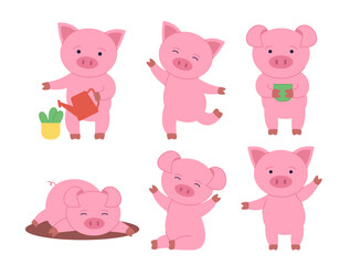 Set of pigs. Piggy watering plants, lying in soil. Livestock and cattle, mammal. Stickers for social networks and messengers. Flat vector collection