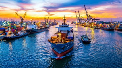 Fototapeta premium Vibrant Sunset Over Busy Port with Cargo Shipping Vessels