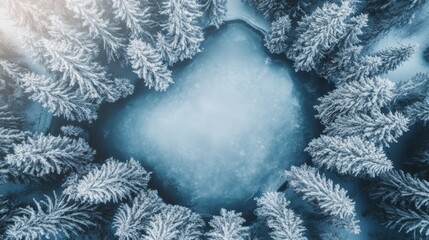 Aerial View of a Frozen Lake Surrounded by Snow-Covered Pine Trees