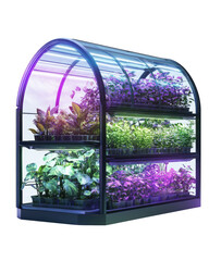 Greenhouse with vibrant plants under LED lights, isolated view
