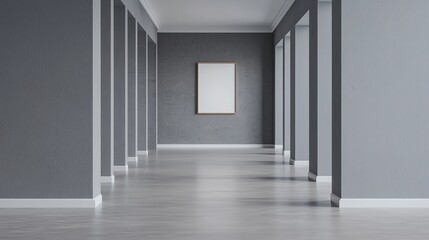 A modern hallway with gray walls and a blank frame for art. A minimalist design that enhances spaciousness and light.