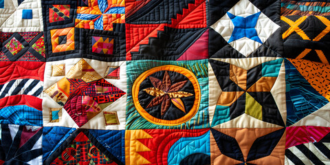 Naklejka premium Patchwork Quilt with Vibrant Colorful Patterns and Designs, Handmade Quilt Displaying Artistic Geometric Patterns