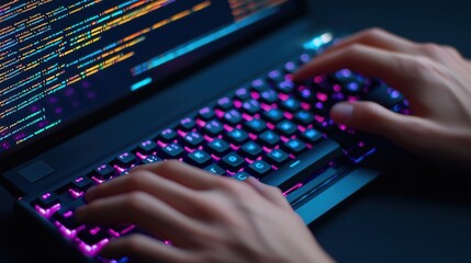 Hands typing on a mechanical keyboard with multiple code windows open, software development process, coding in action