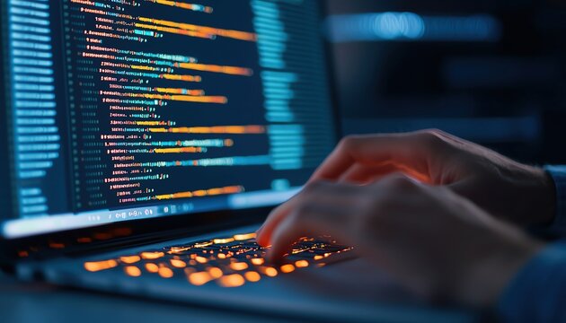 Hands-on keyboard with website coding in progress, focused developer working late, intense coding session