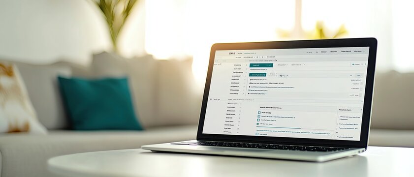 Laptop displaying a content management system CMS interface, website backend design, seamless content creation