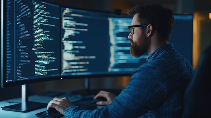 Programmer integrating API with website on a dual monitor setup, efficient web development process, advanced coding